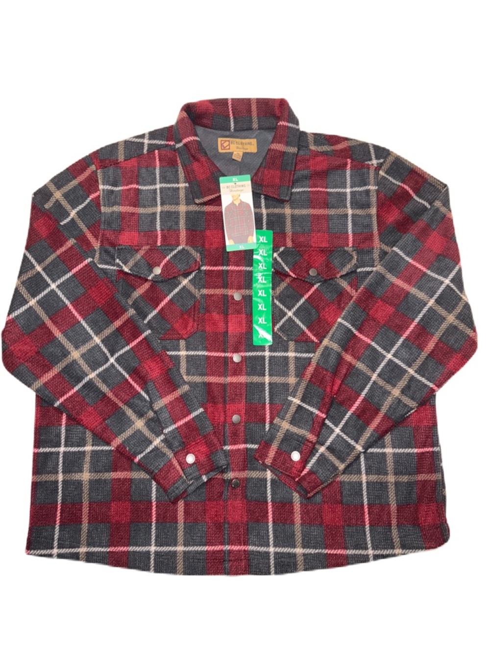 BC Clothing Co. XL Plaid Snap-Front Flannel Shirt Jacket in Red and Black NWT